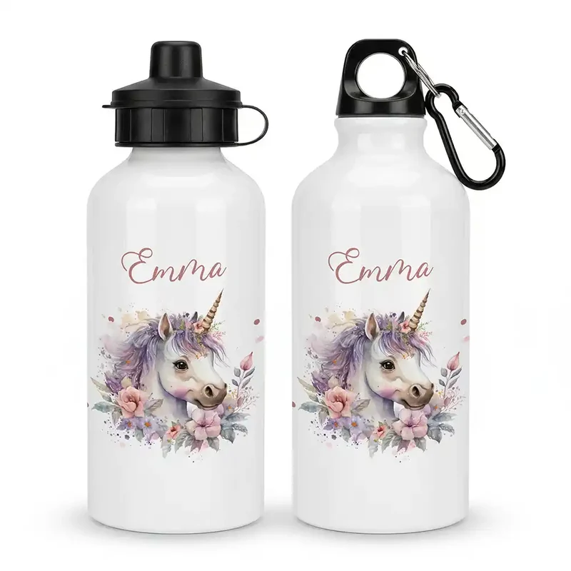 Personalisierte Trinkflasche Kinder – Einhorn Blumenkranz