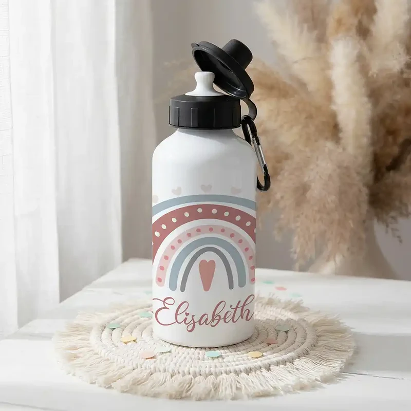 Personalisierte Trinkflasche Kinder – Boho-Regenbogen Herzen