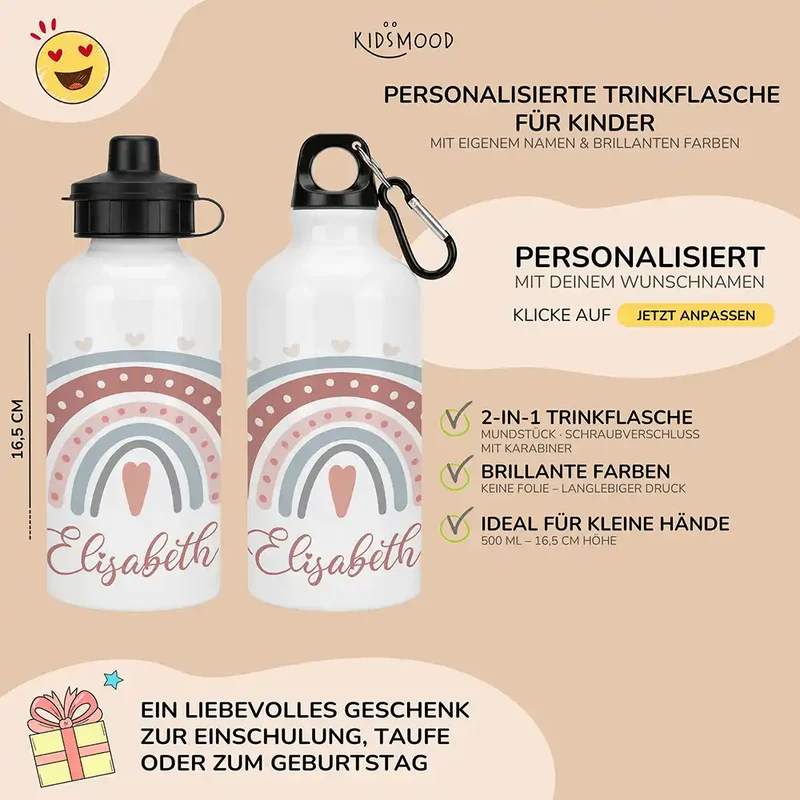 Personalisierte Trinkflasche Kinder – Boho-Regenbogen Herzen