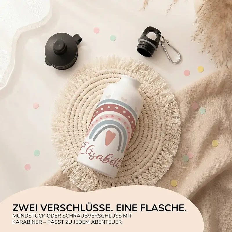 Personalisierte Trinkflasche Kinder – Boho-Regenbogen Herzen