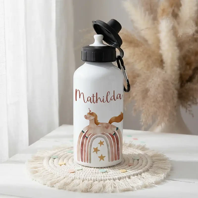 Personalisierte Trinkflasche Kinder – Einhorn Boho-Regenbogen