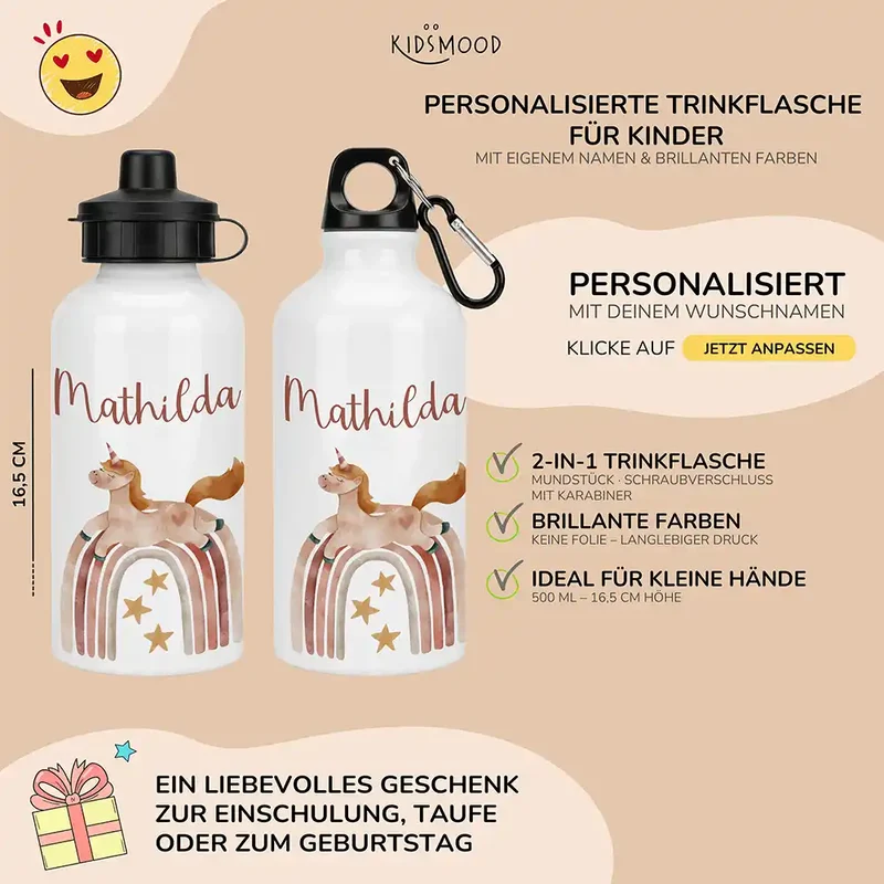 Personalisierte Trinkflasche Kinder – Einhorn Boho-Regenbogen