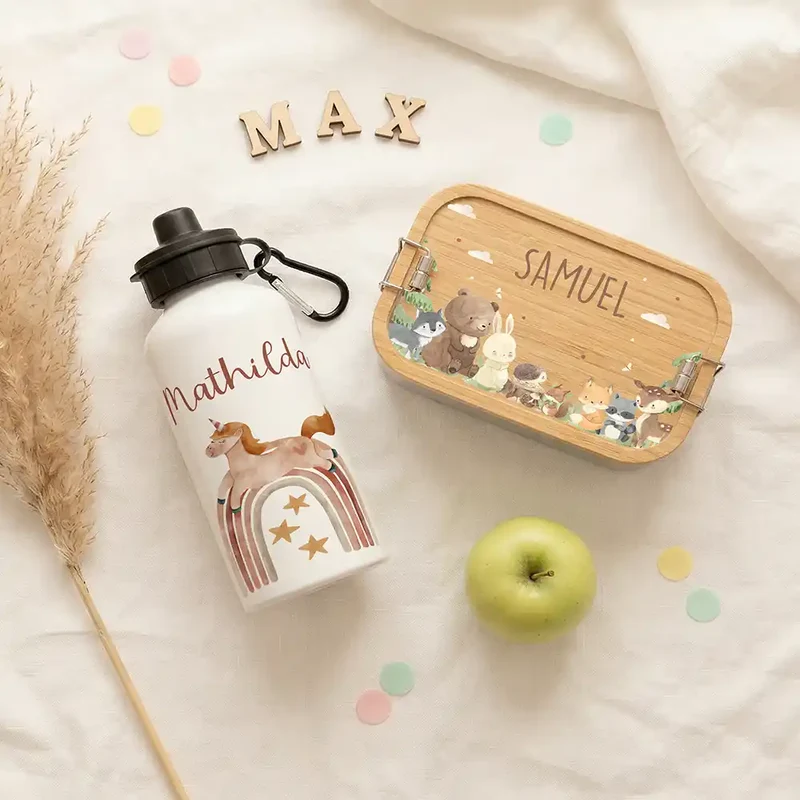 Personalisierte Trinkflasche Kinder – Einhorn Boho-Regenbogen