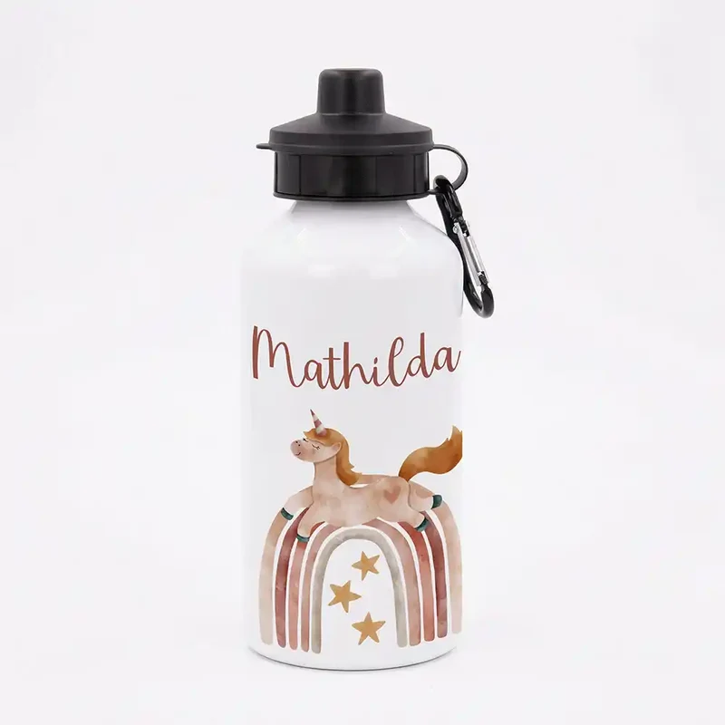 Personalisierte Trinkflasche Kinder – Einhorn Boho-Regenbogen