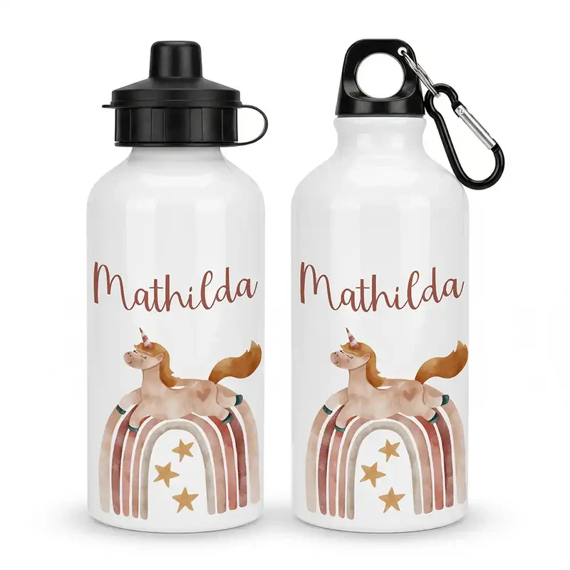 Personalisierte Trinkflasche Kinder – Einhorn Boho-Regenbogen