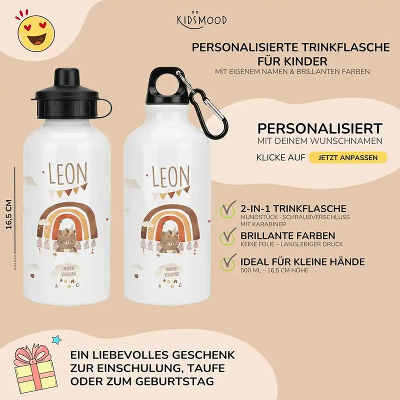Personalisierte Trinkflasche Kinder – Bär Regenbogen Schulkind