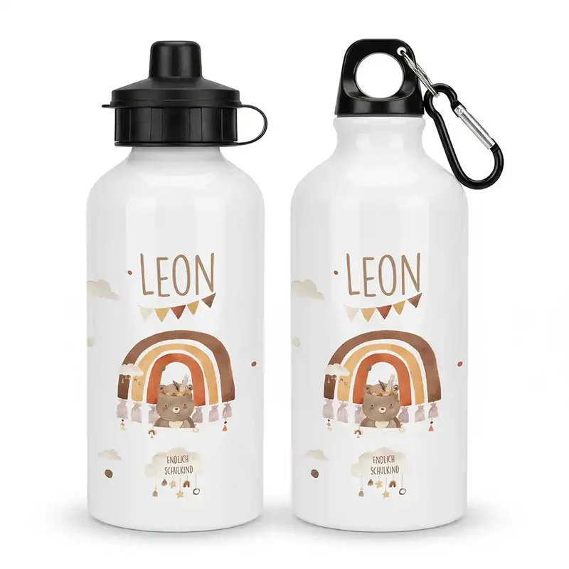 Personalisierte Trinkflasche Kinder – Bär Regenbogen Schulkind