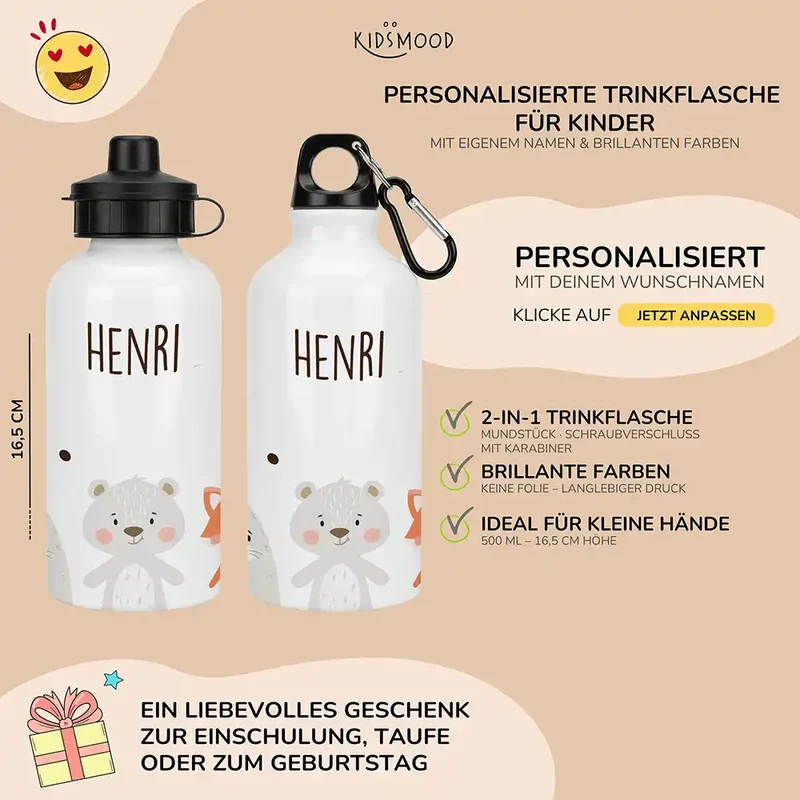 Personalisierte Trinkflasche Kinder – Bär & Fuchs