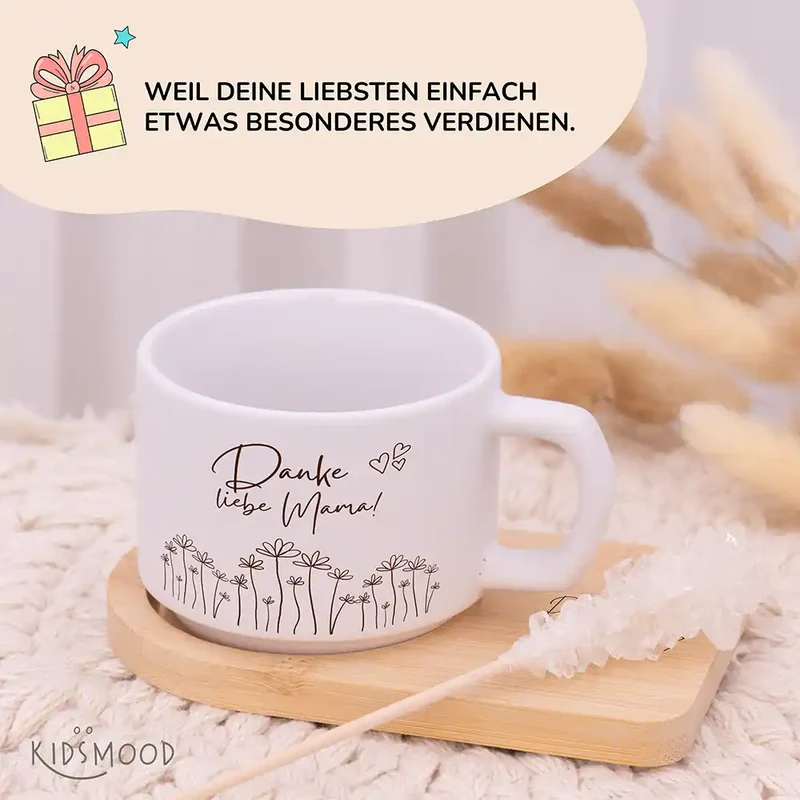 Muttertagsgeschenk Keramikbecher mit Untersetzer – Danke liebe Mama Blumenwiese