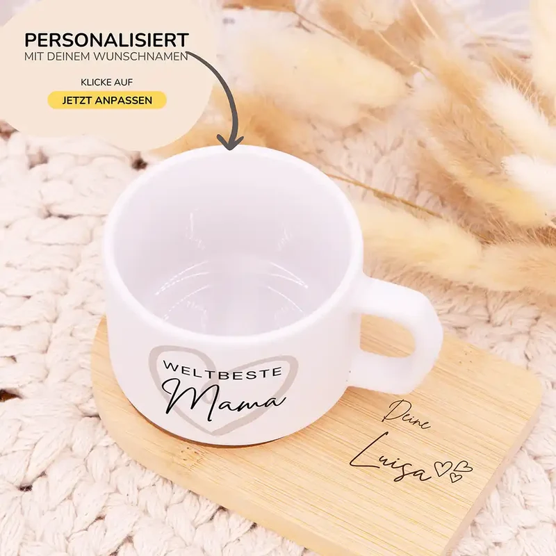 Muttertagsgeschenk Keramikbecher mit Untersetzer – Weltbeste Mama Herz