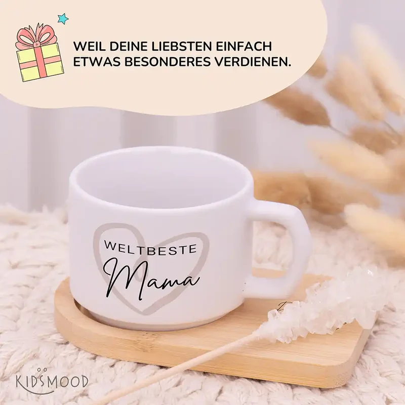 Muttertagsgeschenk Keramikbecher mit Untersetzer – Weltbeste Mama Herz