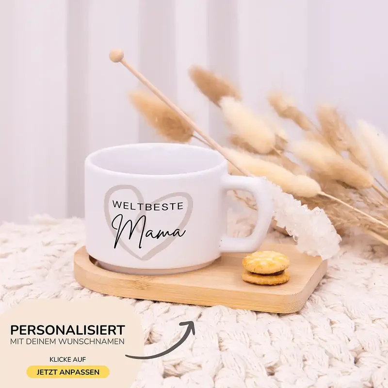 Muttertagsgeschenk Keramikbecher mit Untersetzer – Weltbeste Mama Herz