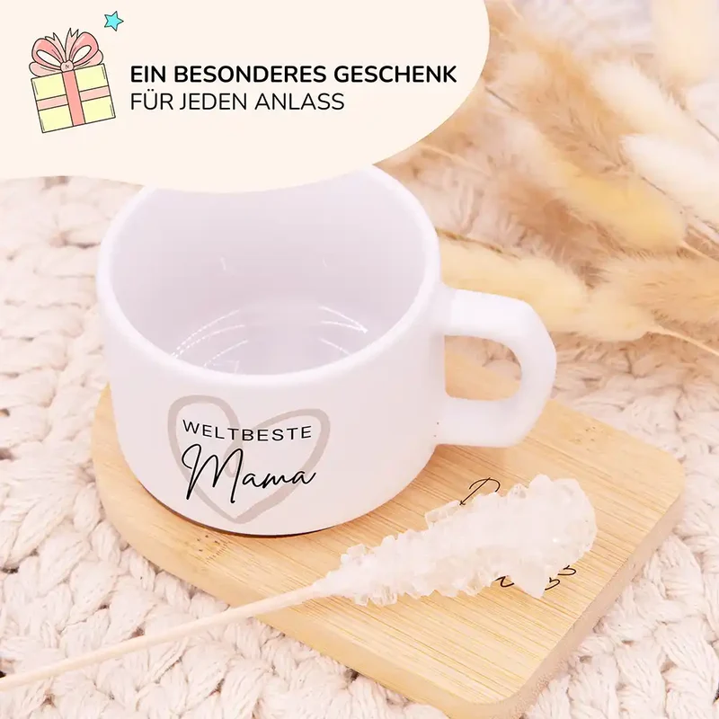 Muttertagsgeschenk Keramikbecher mit Untersetzer – Weltbeste Mama Herz