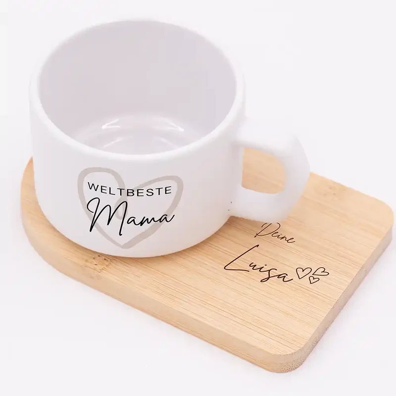 Muttertagsgeschenk Keramikbecher mit Untersetzer – Weltbeste Mama Herz