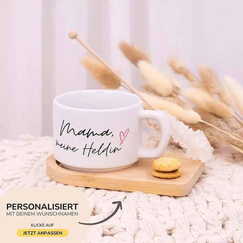 Muttertagsgeschenk Keramikbecher mit Untersetzer – Mama meine Heldin