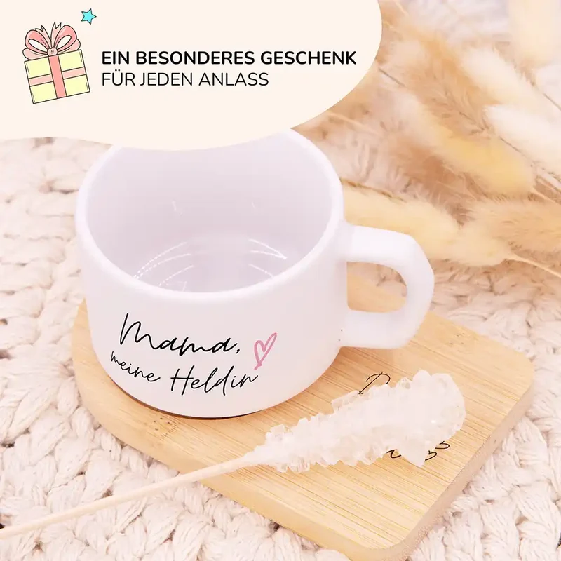 Muttertagsgeschenk Keramikbecher mit Untersetzer – Mama meine Heldin