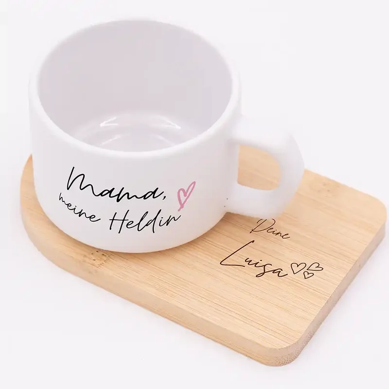 Muttertagsgeschenk Keramikbecher mit Untersetzer – Mama meine Heldin