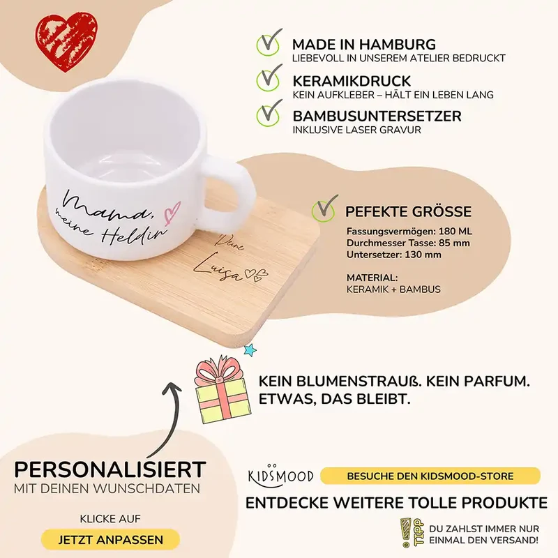 Muttertagsgeschenk Keramikbecher mit Untersetzer – Mama meine Heldin