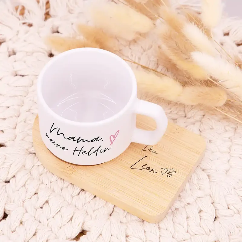 Muttertagsgeschenk Keramikbecher mit Untersetzer – Mama meine Heldin