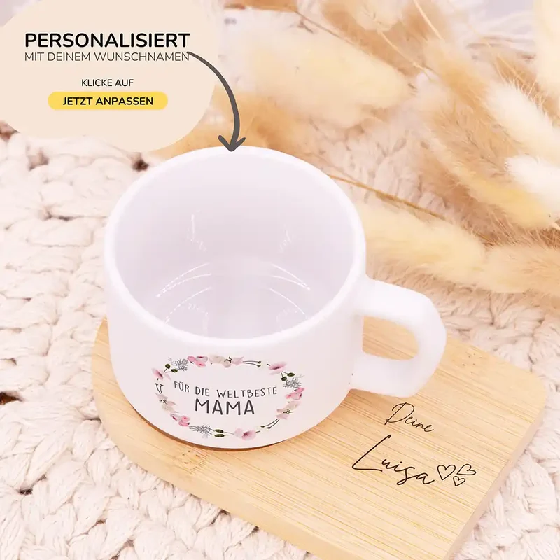 Muttertagsgeschenk Keramikbecher mit Untersetzer – Blumenkranz Weltbeste Mama