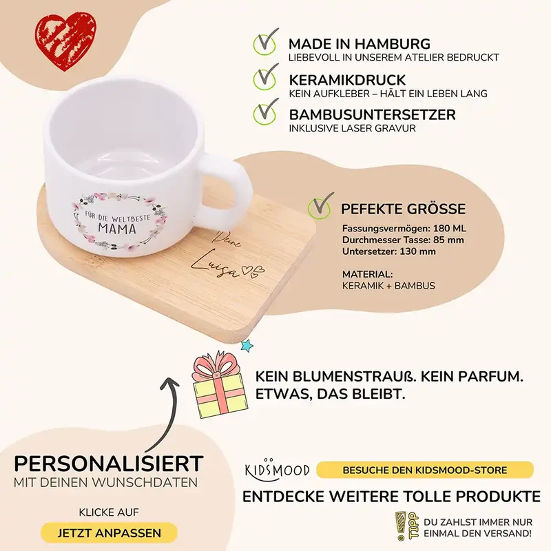 Muttertagsgeschenk Keramikbecher mit Untersetzer – Blumenkranz Weltbeste Mama