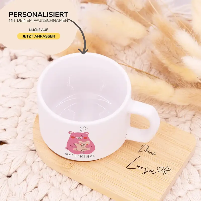 Muttertagsgeschenk Keramikbecher mit Untersetzer – Bär Mama & Kind