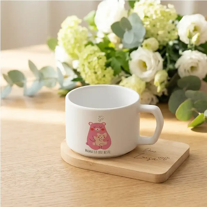 Muttertagsgeschenk Keramikbecher mit Untersetzer – Bär Mama & Kind