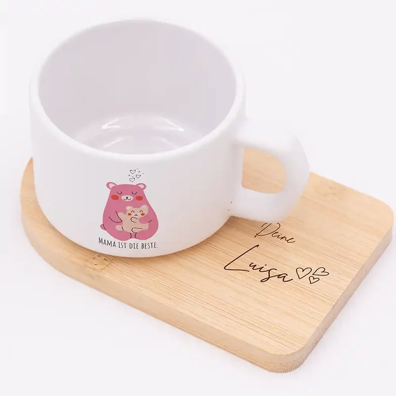 Muttertagsgeschenk Keramikbecher mit Untersetzer – Bär Mama & Kind