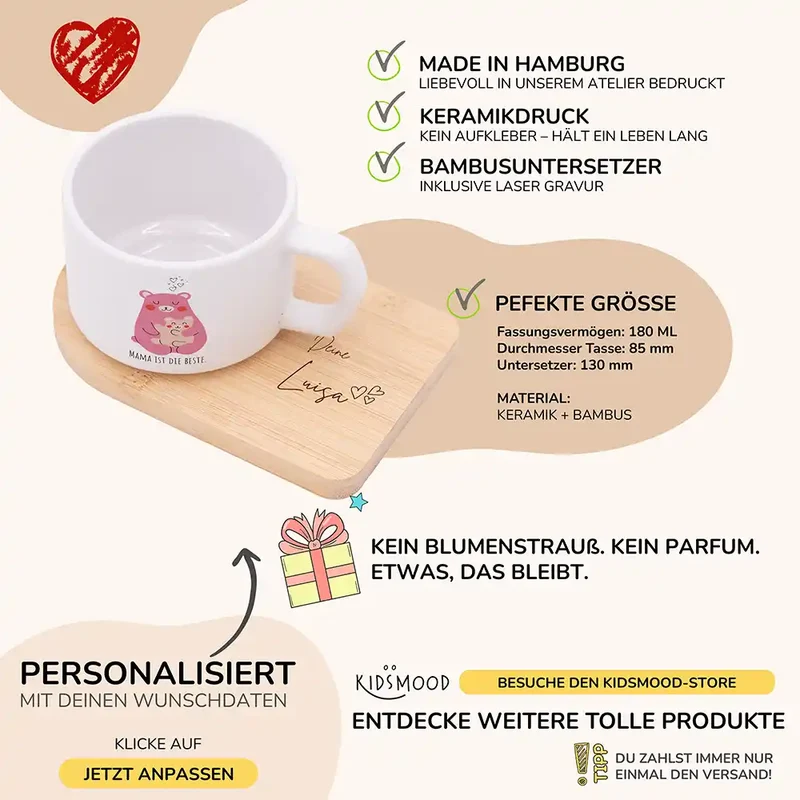 Muttertagsgeschenk Keramikbecher mit Untersetzer – Bär Mama & Kind
