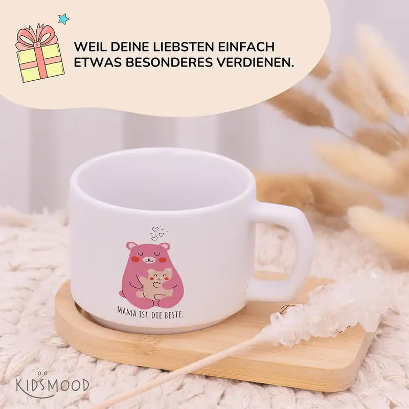 Muttertagsgeschenk Keramikbecher mit Untersetzer – Bär Mama & Kind