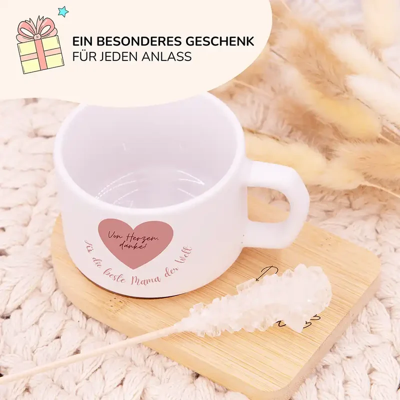 Muttertagsgeschenk Keramikbecher mit Untersetzer – Von Herzen danke – Rosa Herz