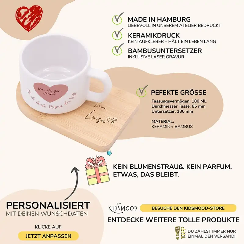 Muttertagsgeschenk Keramikbecher mit Untersetzer – Von Herzen danke – Rosa Herz