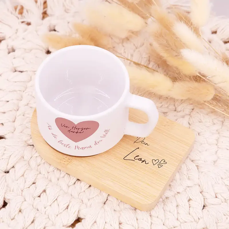 Muttertagsgeschenk Keramikbecher mit Untersetzer – Von Herzen danke – Rosa Herz