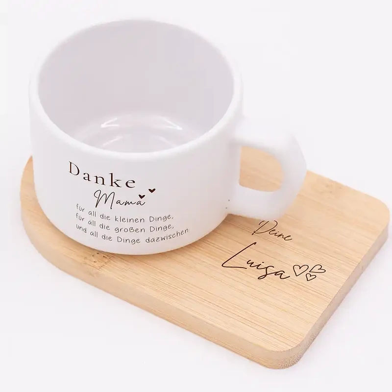 Muttertagsgeschenk Keramikbecher mit Untersetzer – Danke Mama – kleine und große Dinge