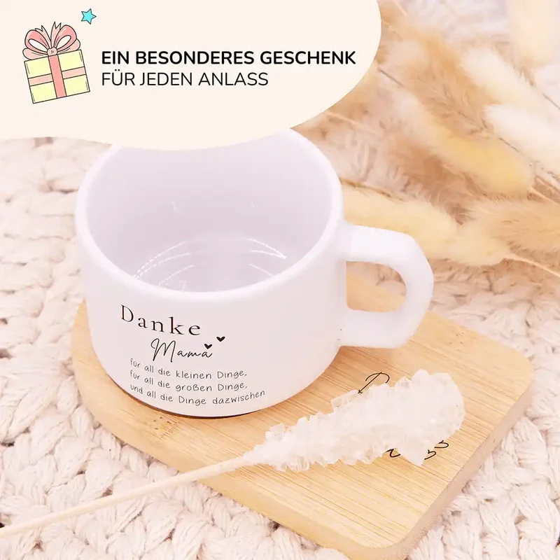 Muttertagsgeschenk Keramikbecher mit Untersetzer – Danke Mama – kleine und große Dinge