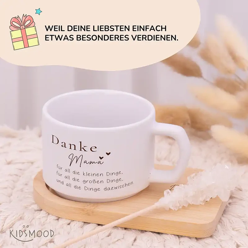 Muttertagsgeschenk Keramikbecher mit Untersetzer – Danke Mama – kleine und große Dinge