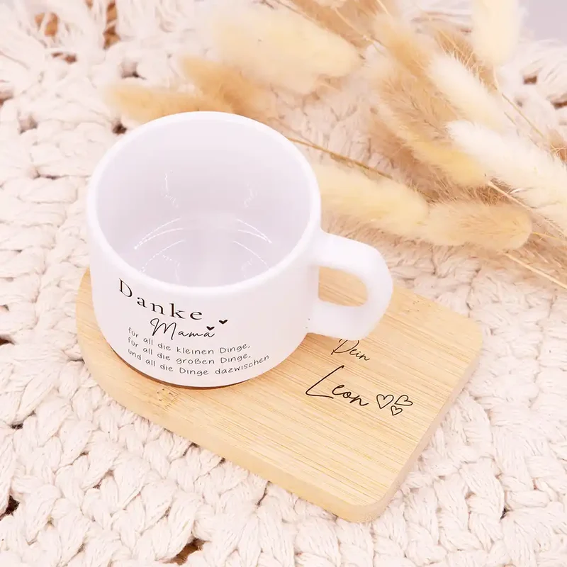 Muttertagsgeschenk Keramikbecher mit Untersetzer – Danke Mama – kleine und große Dinge