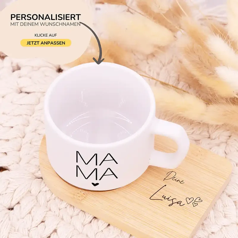 Muttertagsgeschenk Keramikbecher mit Untersetzer – MAMA Großbuchstaben