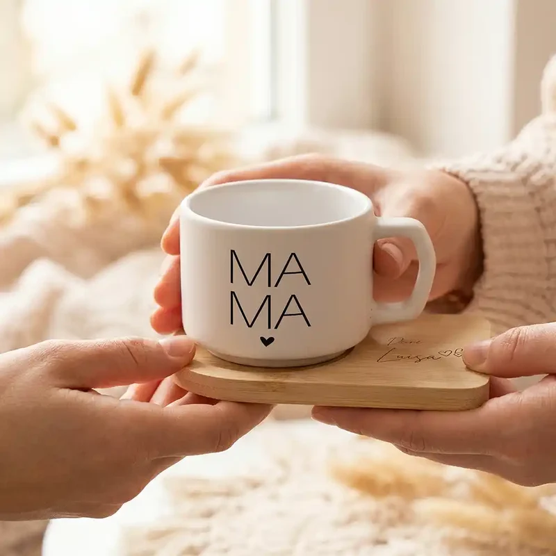 Muttertagsgeschenk Keramikbecher mit Untersetzer – MAMA Großbuchstaben