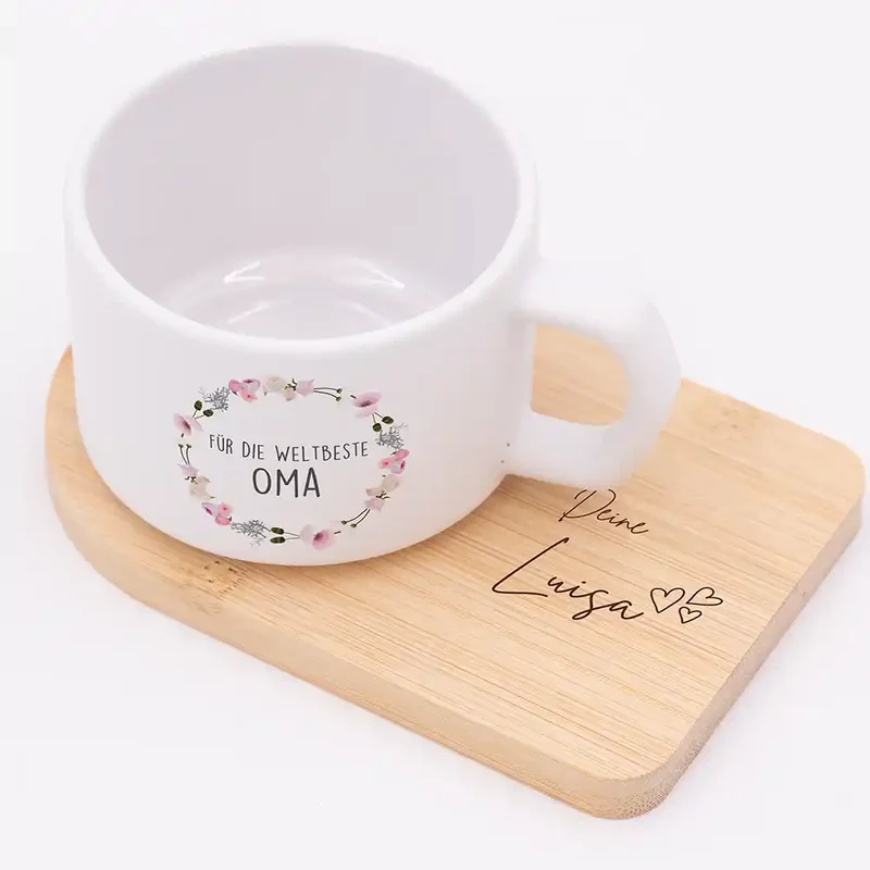 Muttertagsgeschenk Keramikbecher mit Untersetzer – Blumenkranz Weltbeste Oma