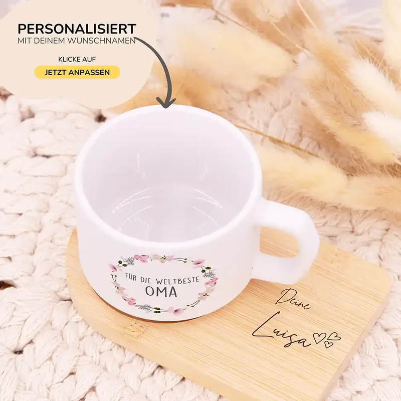 Muttertagsgeschenk Keramikbecher mit Untersetzer – Blumenkranz Weltbeste Oma