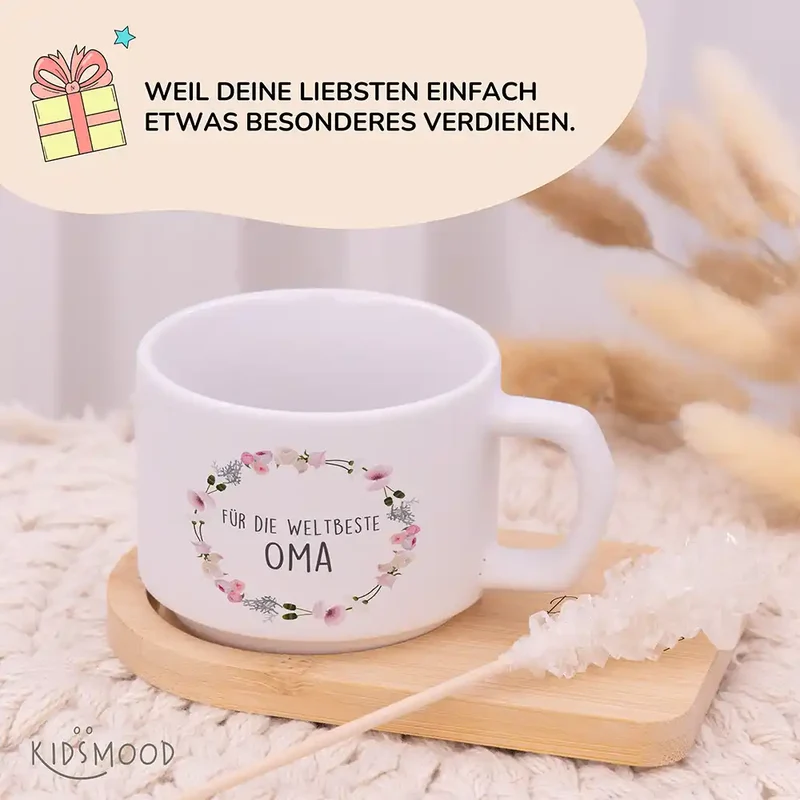 Muttertagsgeschenk Keramikbecher mit Untersetzer – Blumenkranz Weltbeste Oma
