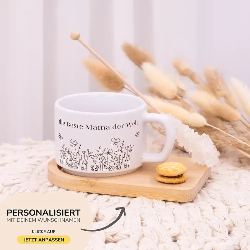 Muttertagsgeschenk Keramikbecher mit Untersetzer – Blumenwiese Beste Mama