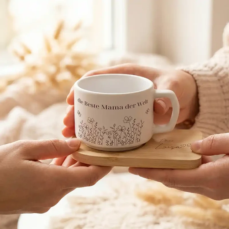 Muttertagsgeschenk Keramikbecher mit Untersetzer – Blumenwiese Beste Mama