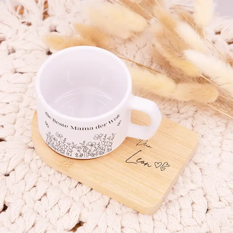 Muttertagsgeschenk Keramikbecher mit Untersetzer – Blumenwiese Beste Mama