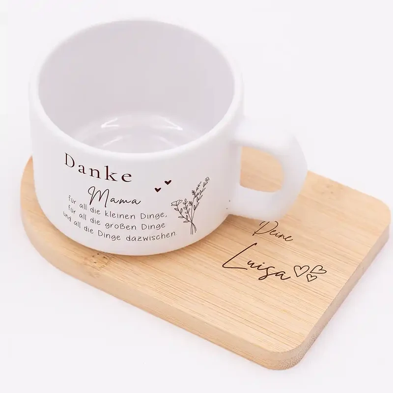 Muttertagsgeschenk Keramikbecher mit Untersetzer – Danke Mama mit Wildblumenstrauß