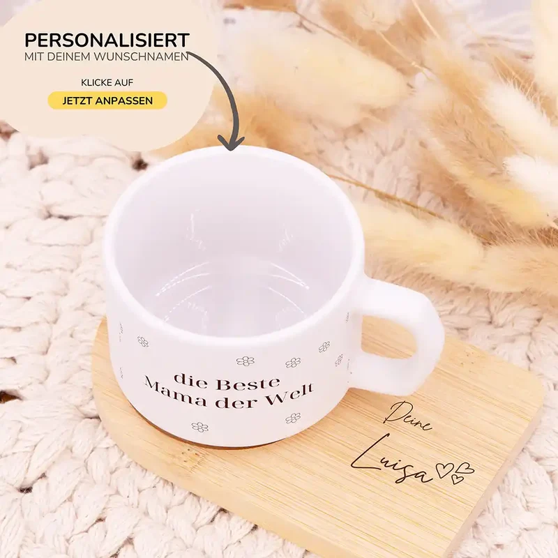 Muttertagsgeschenk Keramikbecher mit Untersetzer – Beste Mama Blümchen