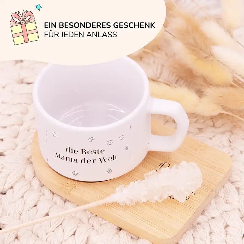 Muttertagsgeschenk Keramikbecher mit Untersetzer – Beste Mama Blümchen