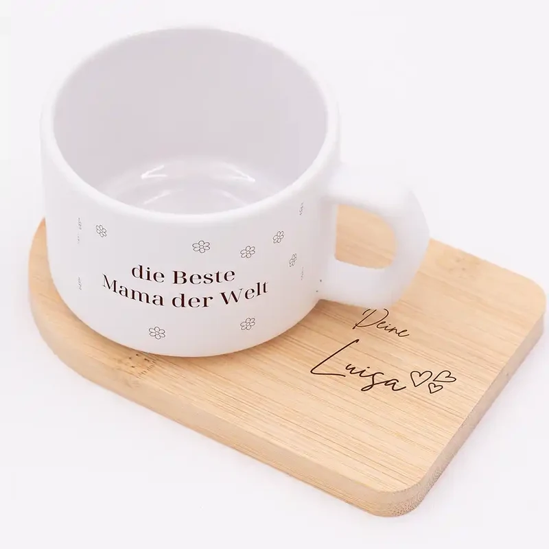 Muttertagsgeschenk Keramikbecher mit Untersetzer – Beste Mama Blümchen