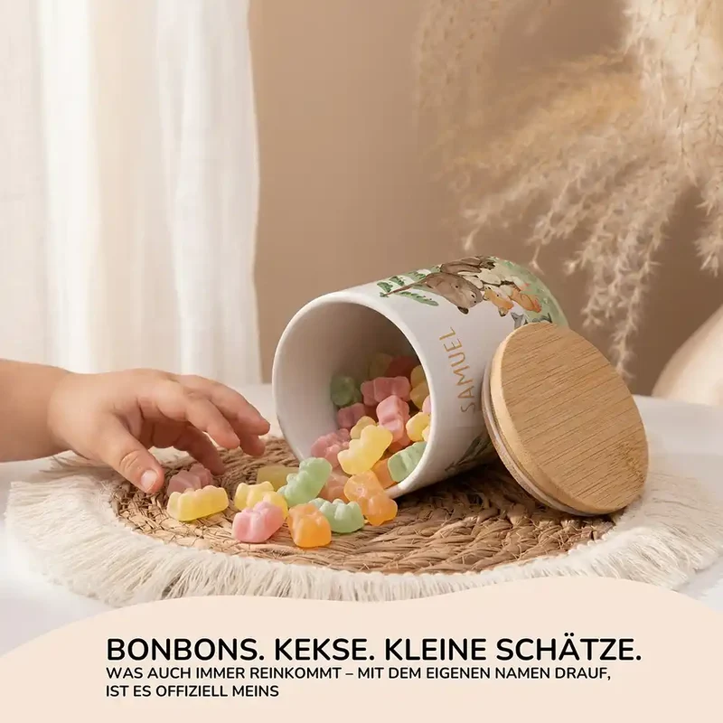 Personalisierte Keksdose Waldfreunde III – Keramik & Bambus mit Wunschname